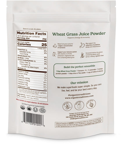 Organic Traditions Wheat Grass Powder - Gluten Free, Vegan, Non-GMO (150g)