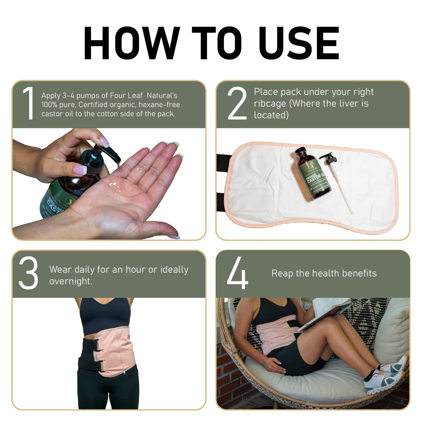 Four Leaf Naturals Organic Castor Oil Pack Wrap Kit – Liver Support, No-Leak Comfort