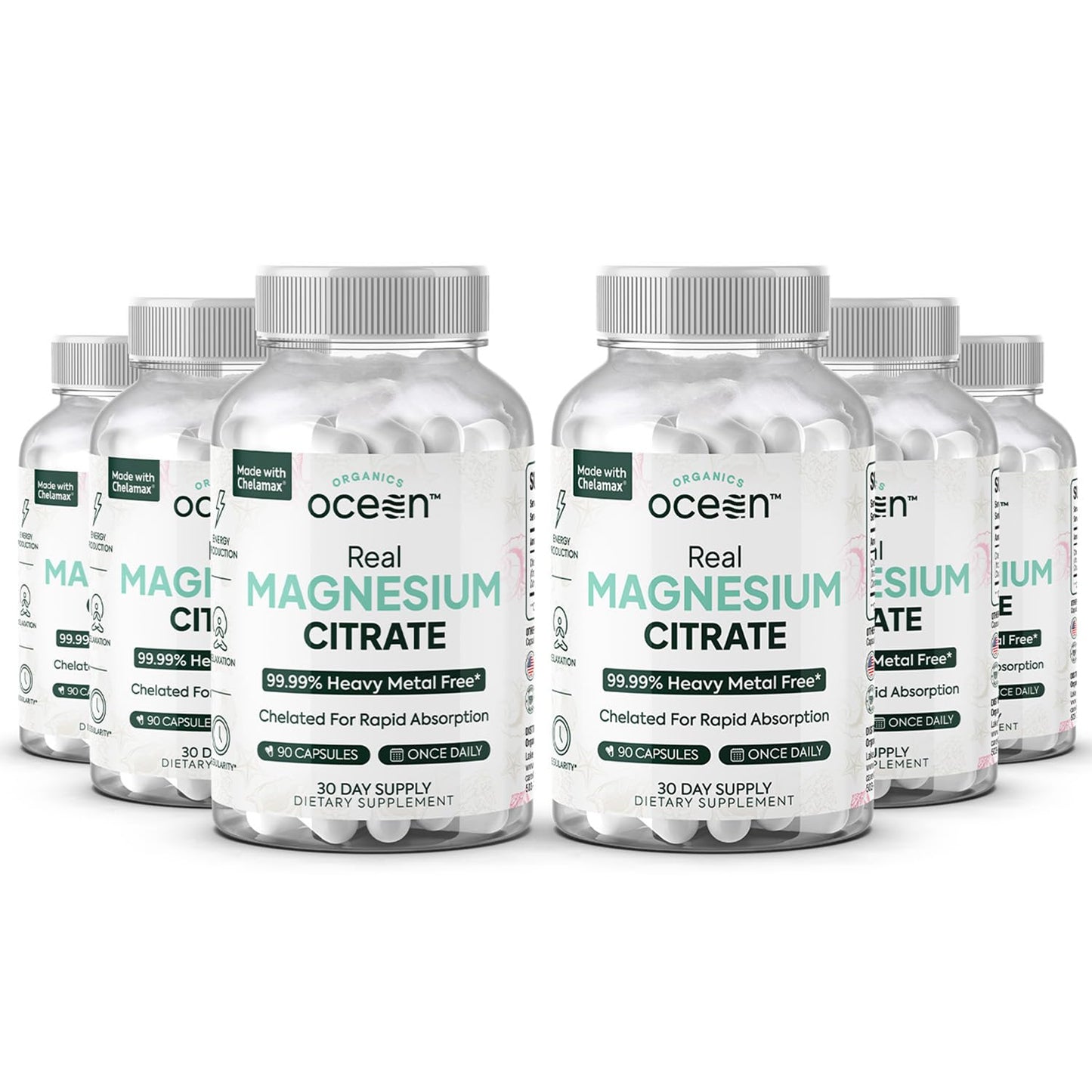 Organics Ocean Real Magnesium Citrate – High-Absorption Chelated Magnesium for Energy, Relaxation, and Regularity – 6 Pack
