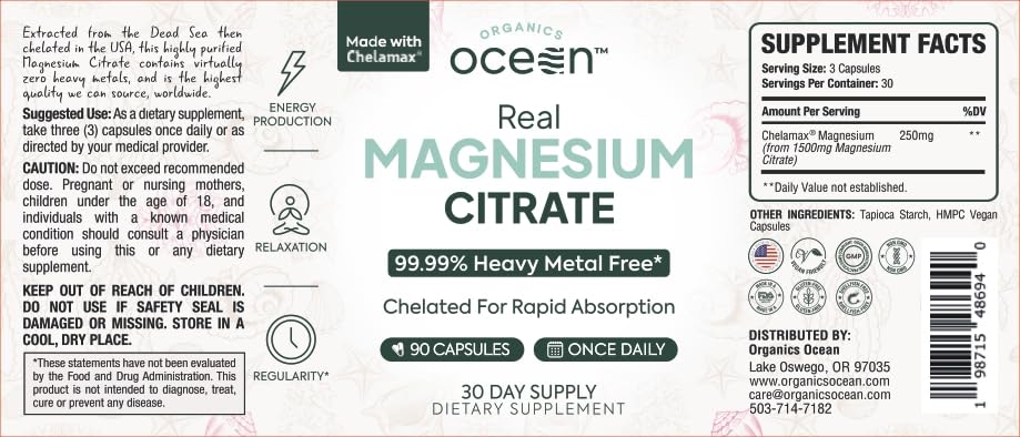 Organics Ocean Real Magnesium Citrate – High-Absorption Chelated Magnesium for Energy, Relaxation, and Regularity – 6 Pack