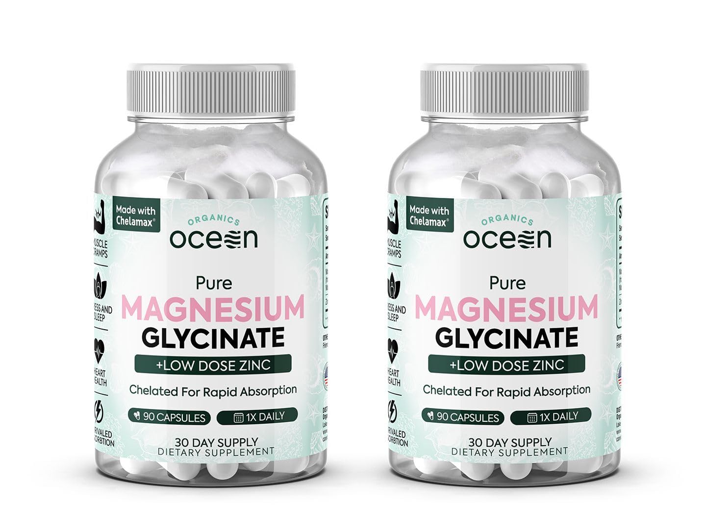 Organics Ocean Magnesium Glycinate with Zinc - Maximum Strength Chelated Magnesium for Sleep & Muscle Cramps - 2 Bottles