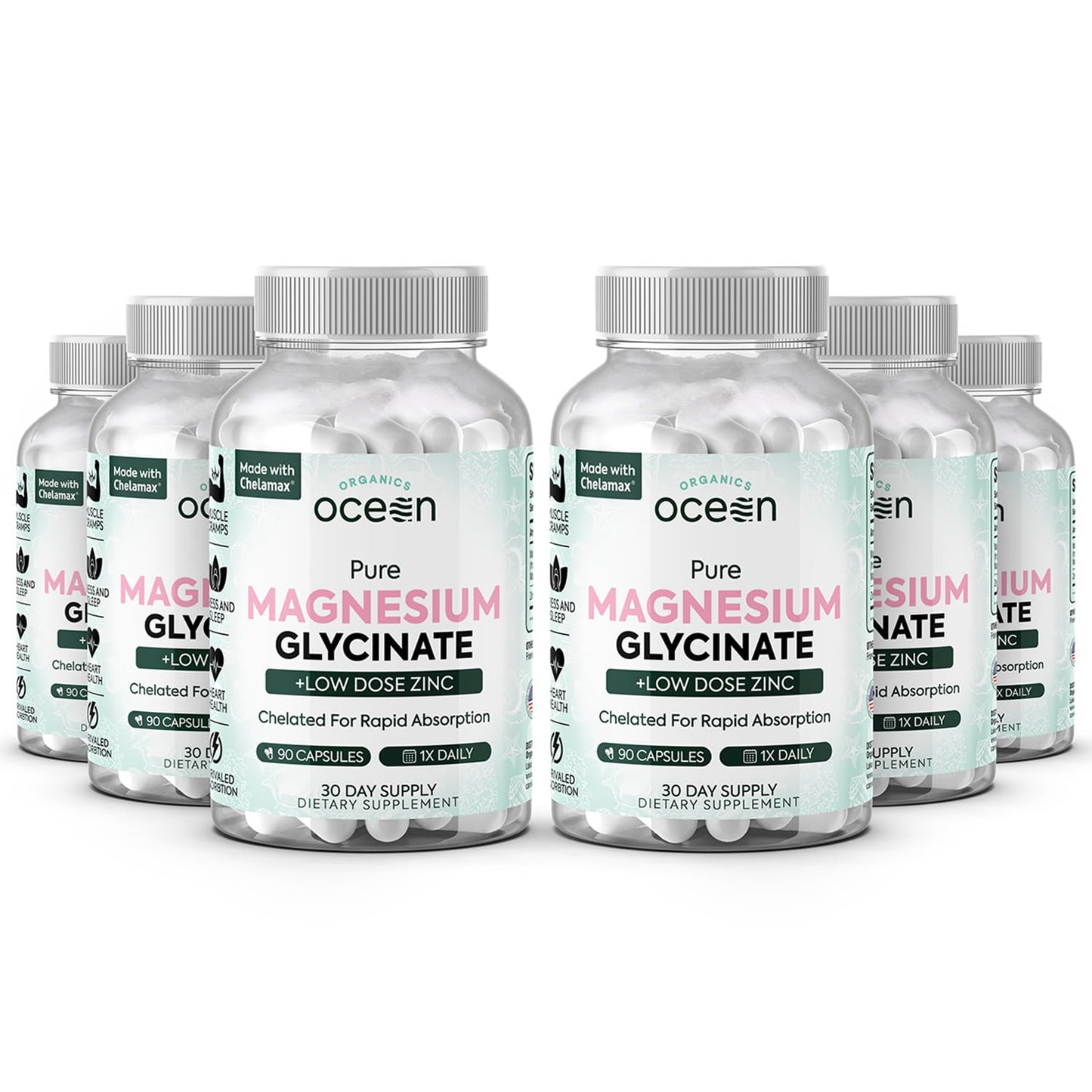 Organics Ocean Magnesium Glycinate with Zinc - Maximum Strength - 6 Bottles