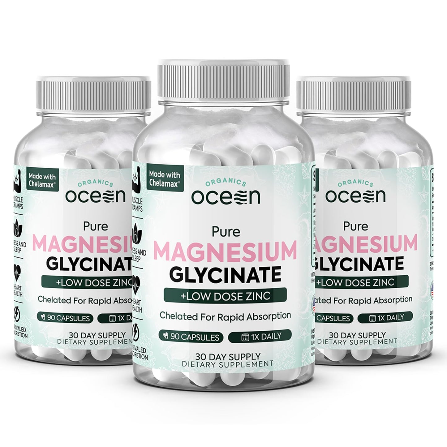 Organics Ocean Magnesium Glycinate with Zinc – Maximum Strength Chelated Magnesium for Sleep Support, Muscle Cramps & Heart Health – 3 Bottles