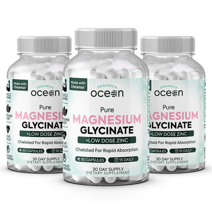 Organics Ocean Magnesium Glycinate with Zinc – Maximum Strength Chelated Magnesium for Sleep Support, Muscle Cramps & Heart Health – 3 Bottles
