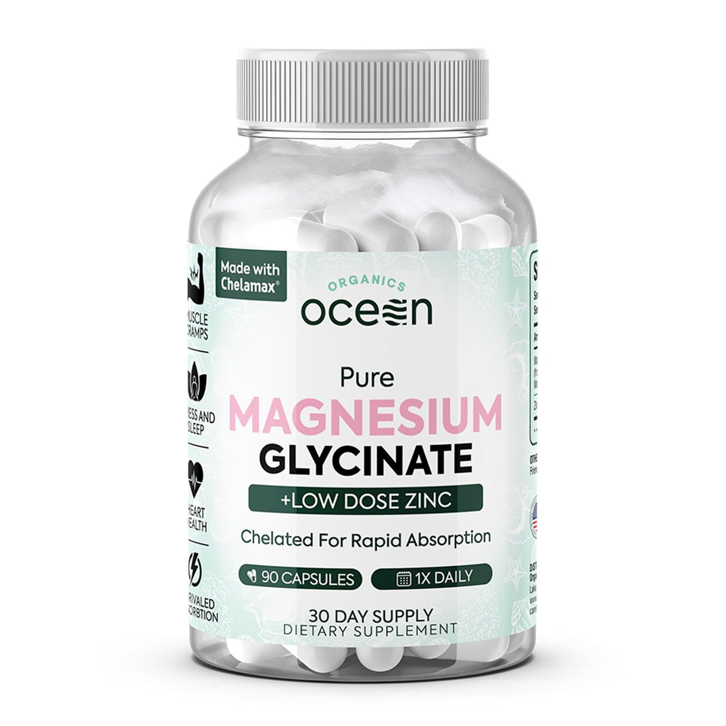 Organics Ocean Magnesium Glycinate with Zinc – Maximum Strength Chelated Magnesium (90 Capsules)