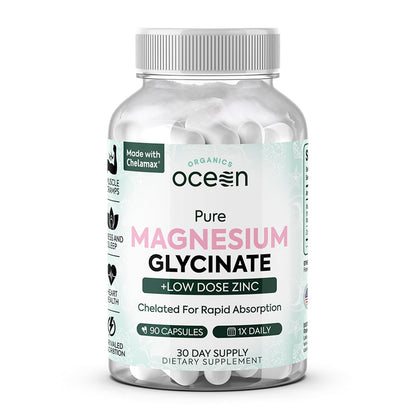 Organics Ocean Magnesium Glycinate with Zinc – Maximum Strength Chelated Magnesium (90 Capsules)