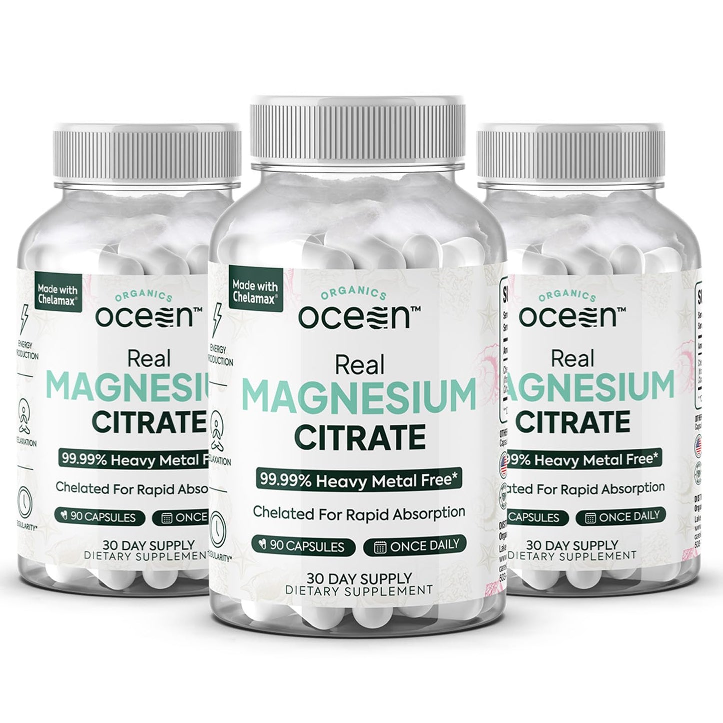 Organics Ocean Real Magnesium Citrate - High Absorption Chelated Magnesium Supplement - 3 Pack Bulk