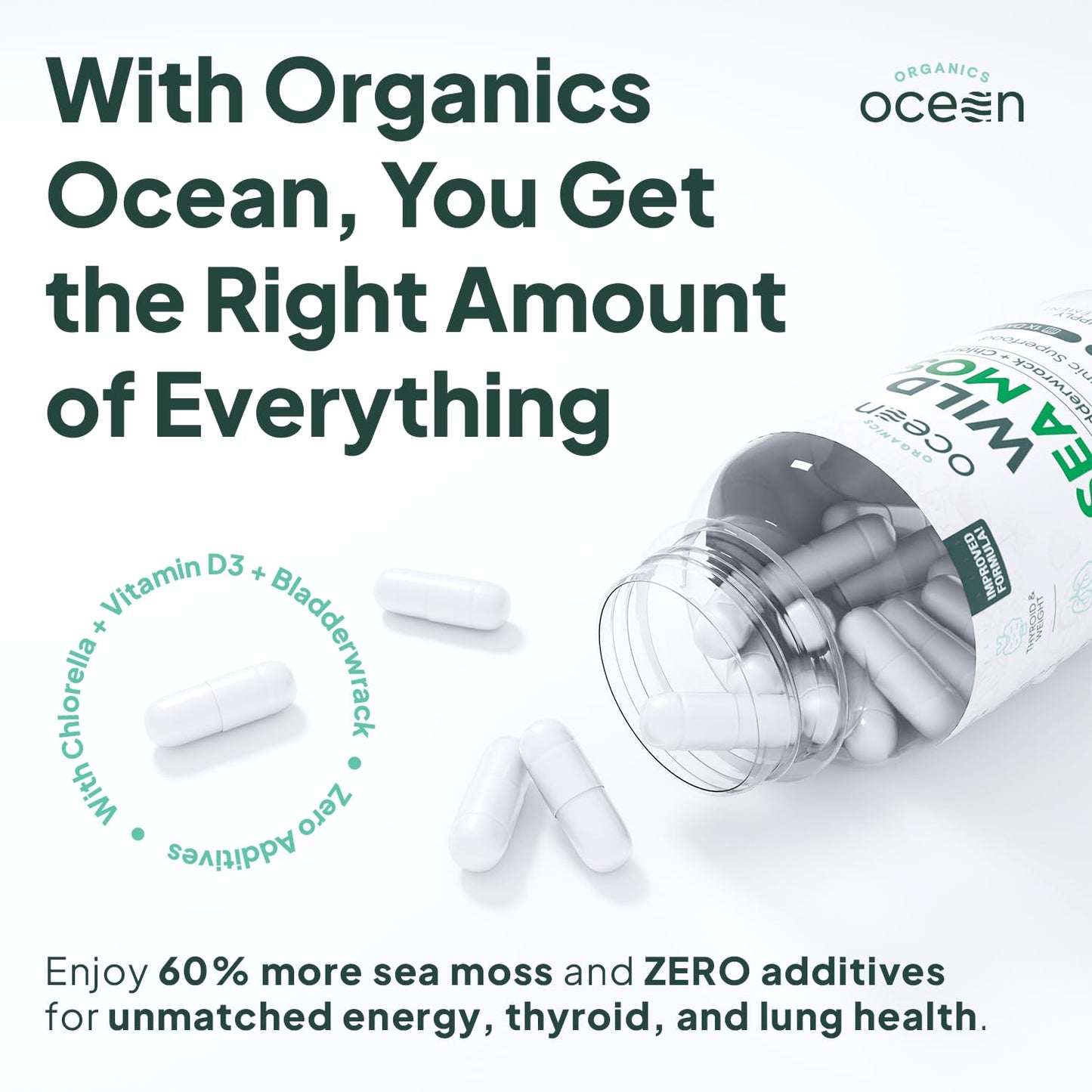 Organics Ocean Wild Sea Moss Capsules – Organic Irish Sea Moss, Chlorella, Bladderwrack & Vitamin D3 (3 Bottles)