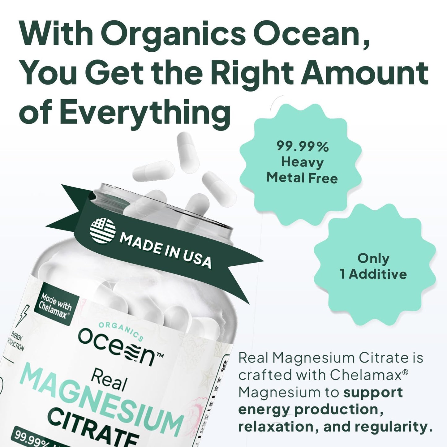Organics Ocean Real Magnesium Citrate - High Absorption Chelated Magnesium Supplement - 3 Pack Bulk