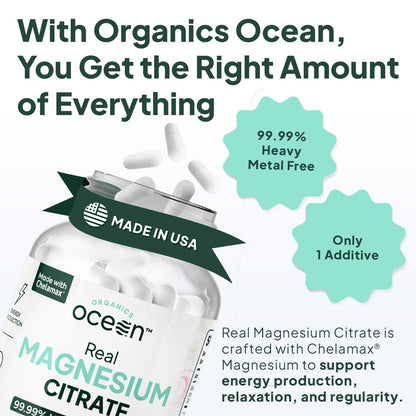 Organics Ocean Real Magnesium Citrate - High Absorption Chelated Magnesium Supplement - 3 Pack Bulk