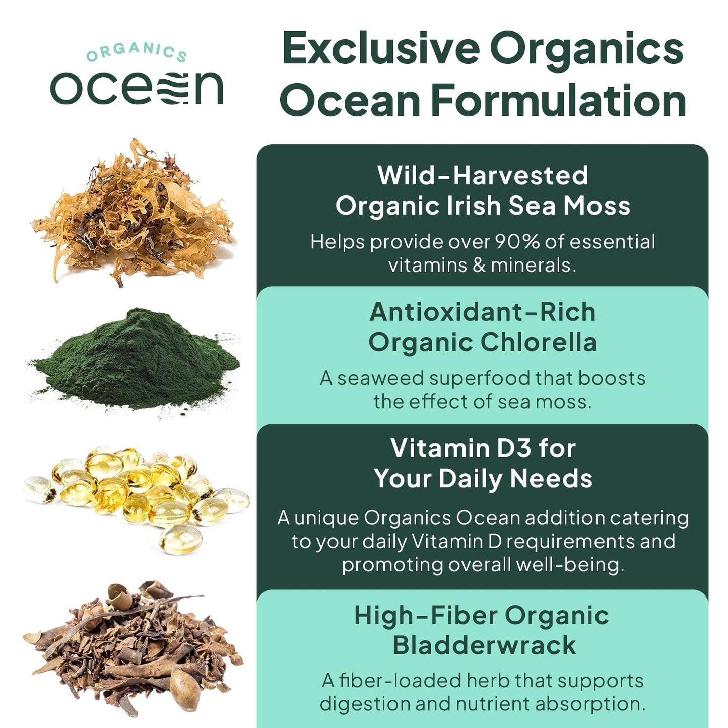 Organics Ocean Wild Sea Moss Capsules – Organic Irish Sea Moss, Chlorella, Bladderwrack & Vitamin D3 (3 Bottles)