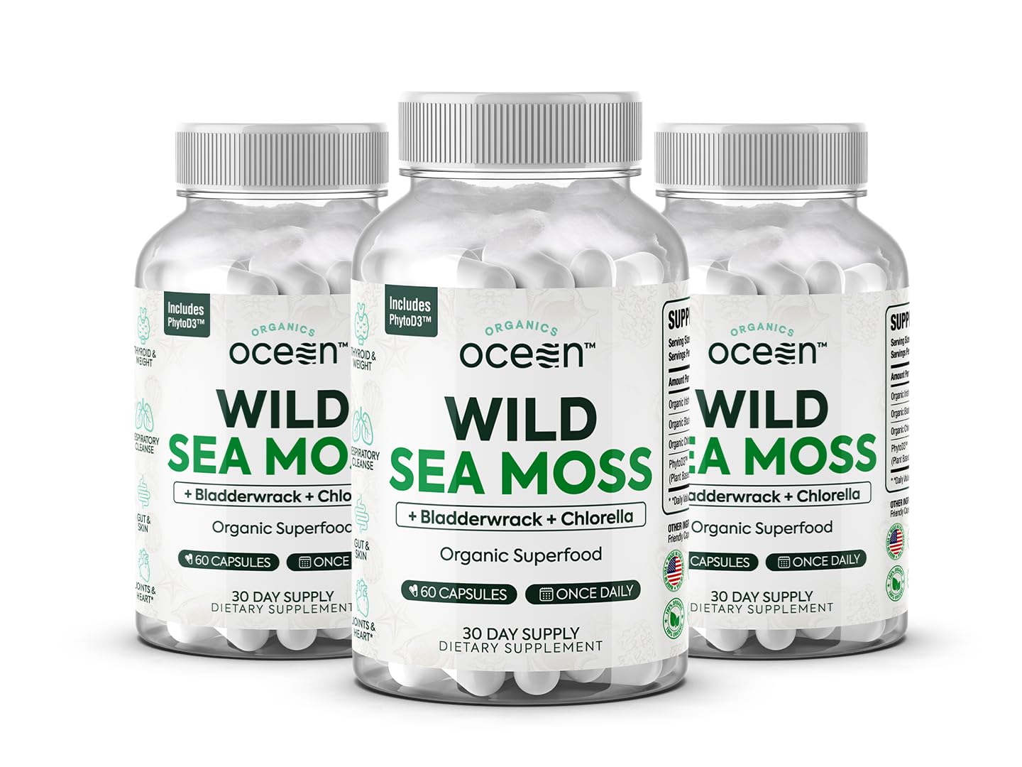 Organics Ocean Wild Sea Moss Capsules – Organic Irish Sea Moss, Chlorella, Bladderwrack & Vitamin D3 (3 Bottles)