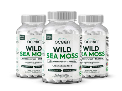 Organics Ocean Wild Sea Moss Capsules – Organic Irish Sea Moss, Chlorella, Bladderwrack & Vitamin D3 (3 Bottles)