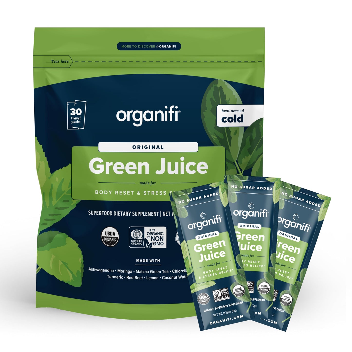 Organifi GO Packs: Green Juice - Organic Travel Greens Powder (30 Packs)