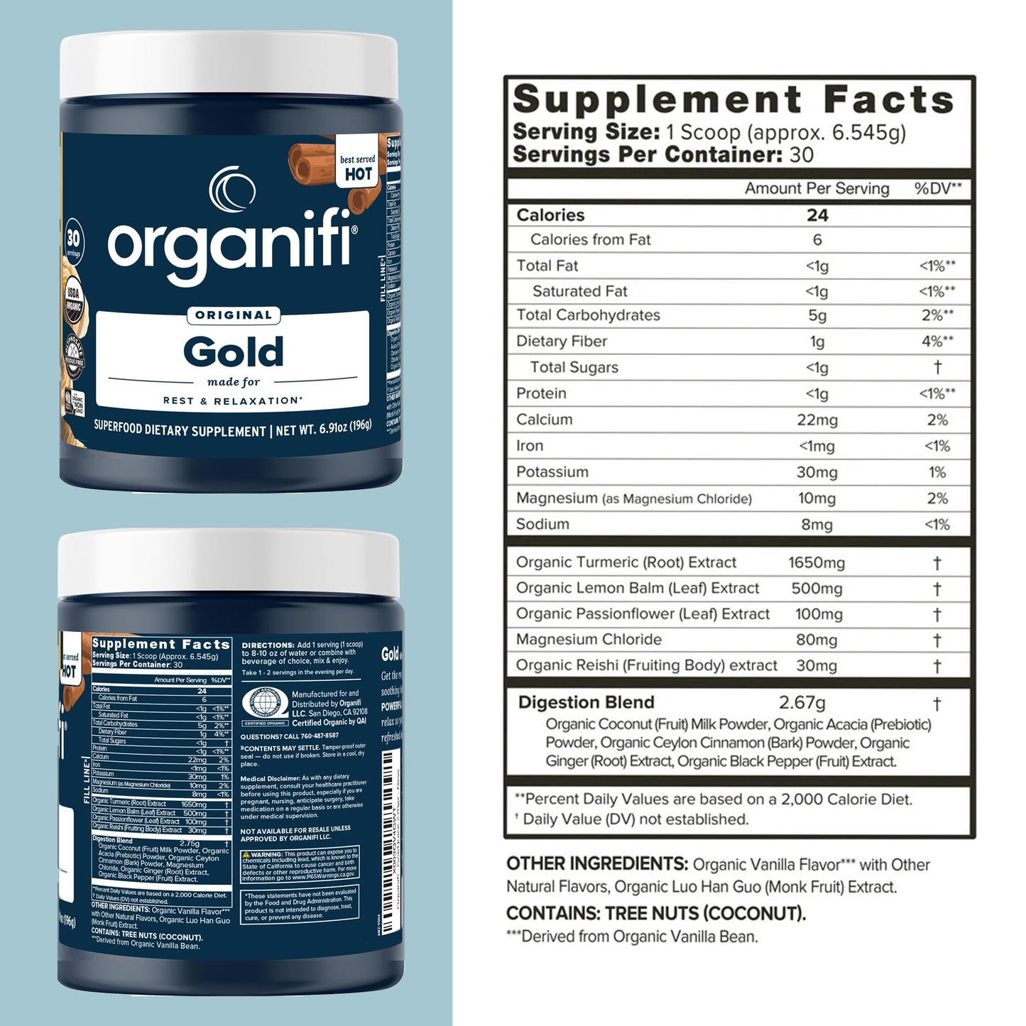 Organifi Gold — Nighttime Relaxation Powder with Turmeric & Reishi, 30 Servings