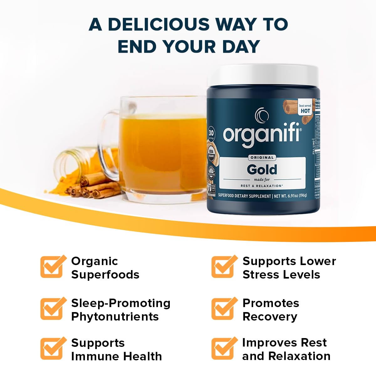 Organifi Gold — Nighttime Relaxation Powder with Turmeric & Reishi, 30 Servings