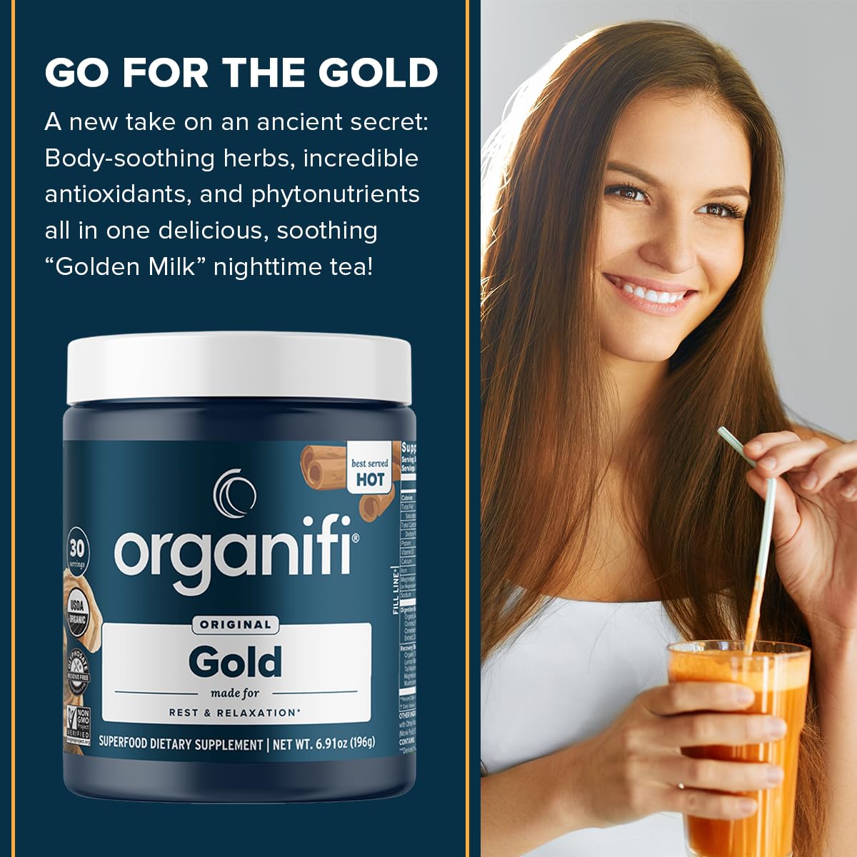Organifi Gold — Nighttime Relaxation Powder with Turmeric & Reishi, 30 Servings