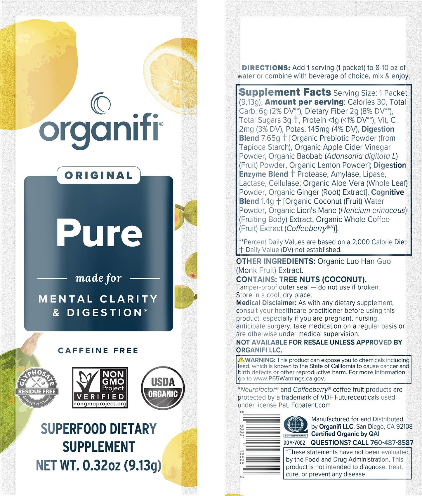 Organifi Pure Smart Packs Lemon – 3-Pack for Organic Brain & Immunity Support