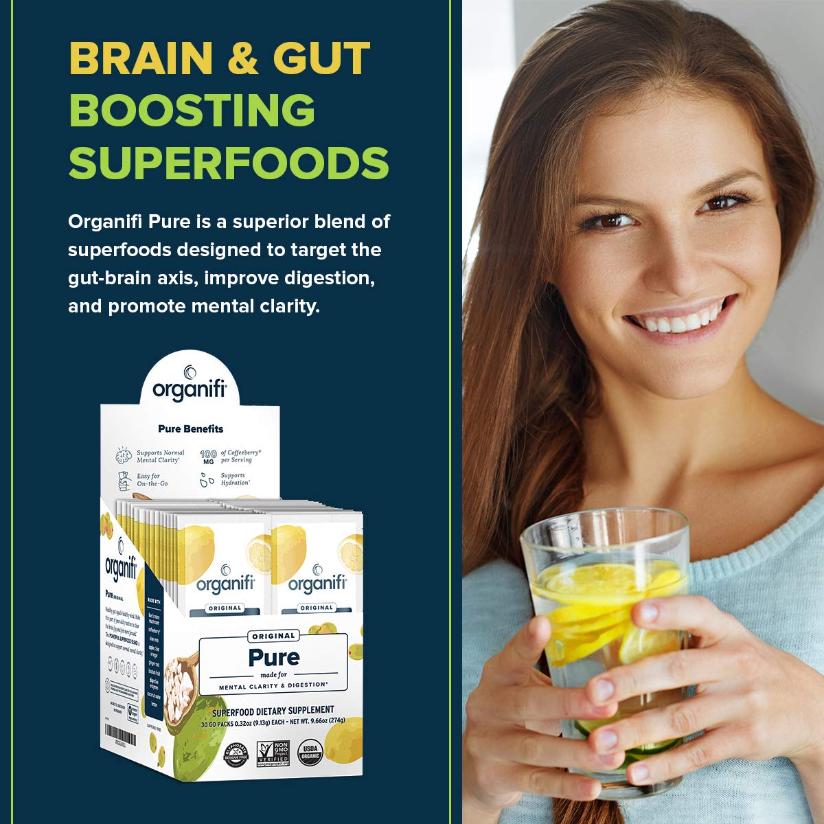 Organifi Pure Smart Packs Lemon – 3-Pack for Organic Brain & Immunity Support