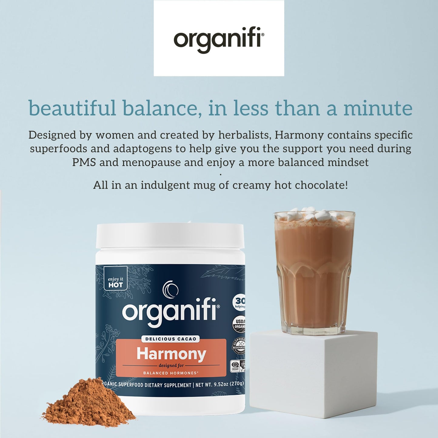 Organifi Harmony: Hormone Support for PMS Relief & Energy | Gluten Free & Vegan Cacao Powder, 30 Servings