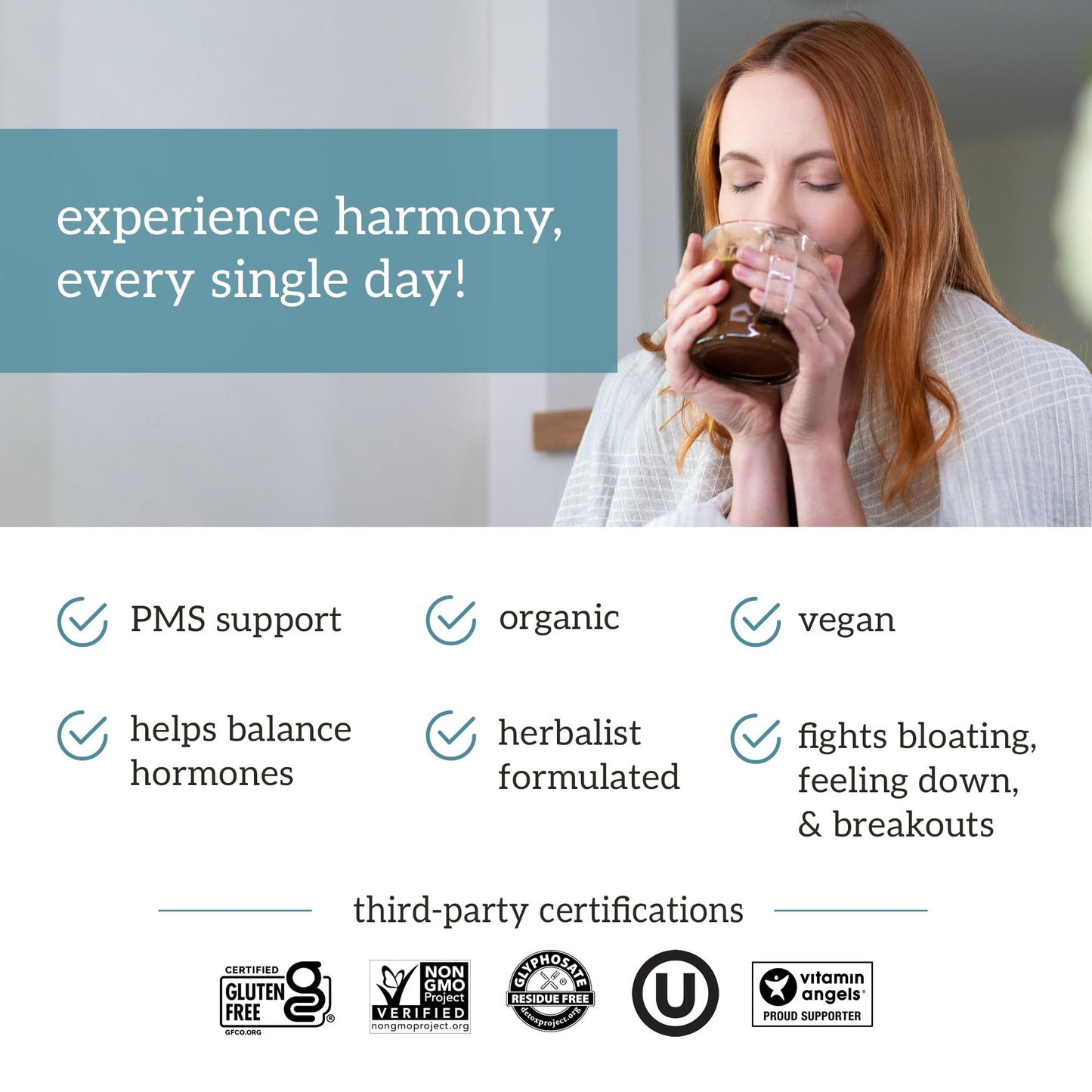 Organifi Harmony: Hormone Support for PMS Relief & Energy | Gluten Free & Vegan Cacao Powder, 30 Servings