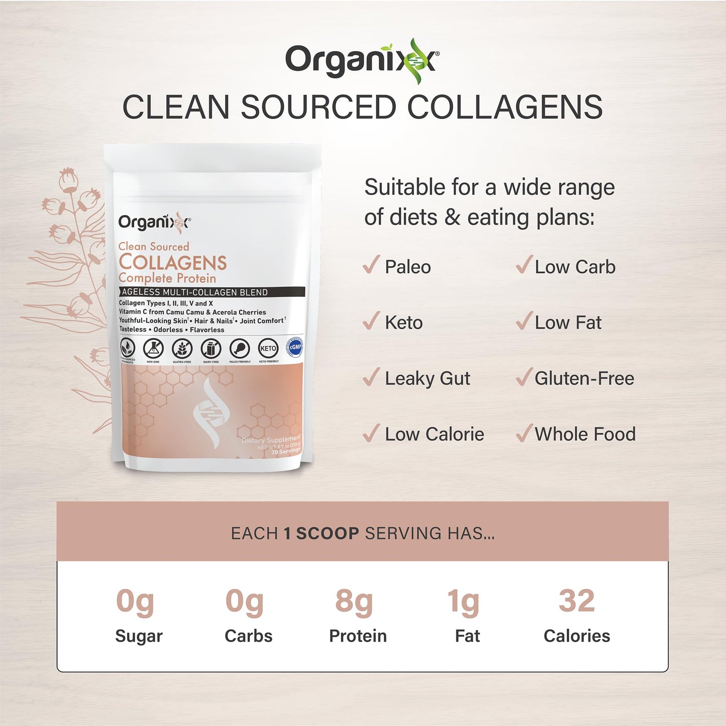 Organixx Collagen Peptides Powder with Vitamin C – Unflavored, 30 Servings