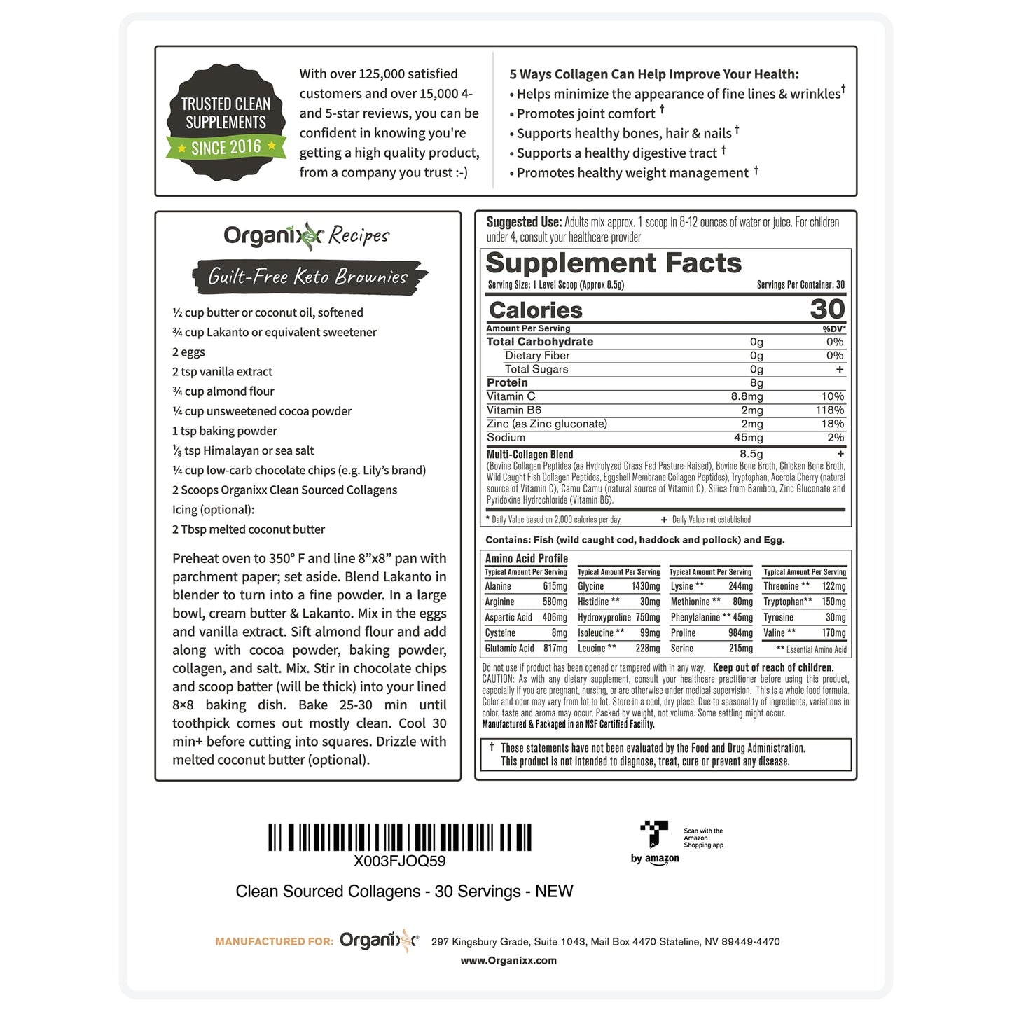 Organixx Collagen Peptides Powder with Vitamin C – Unflavored, 30 Servings
