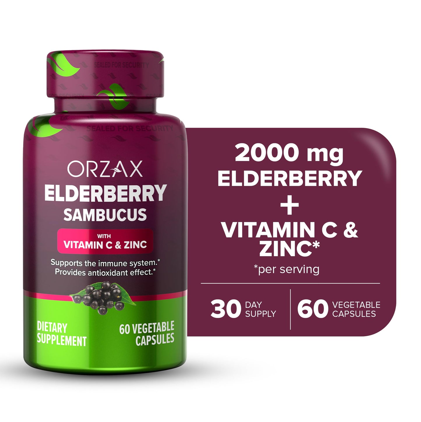 ORZAX Elderberry Capsules – Immune Support with Vitamin C & Zinc | 60 Vegetable Capsules