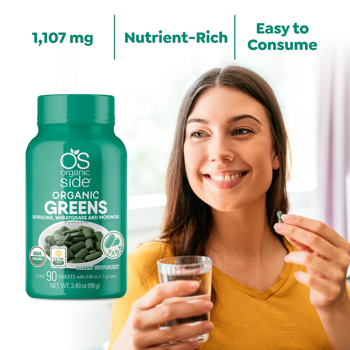 OS Organic Side Organic Greens - Spirulina, Wheatgrass & Moringa (90 Tablets)