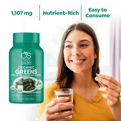 OS Organic Side Organic Greens - Spirulina, Wheatgrass & Moringa (90 Tablets)
