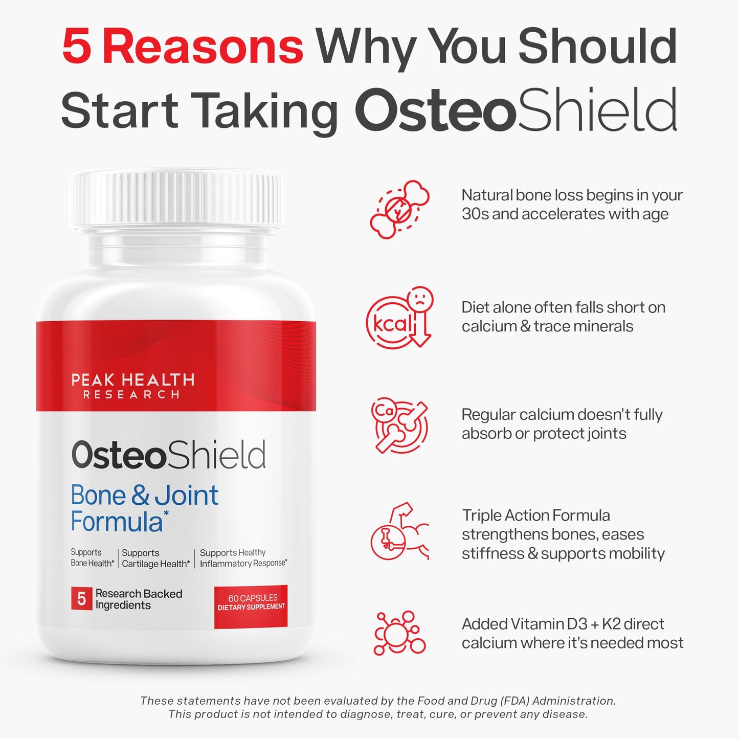 OsteoShield Peak Health Research — Bone & Joint Formula with Vitamin D3, K2 & Aquamin | 60 Capsules