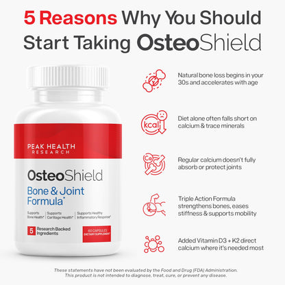 OsteoShield Peak Health Research — Bone & Joint Formula with Vitamin D3, K2 & Aquamin | 60 Capsules
