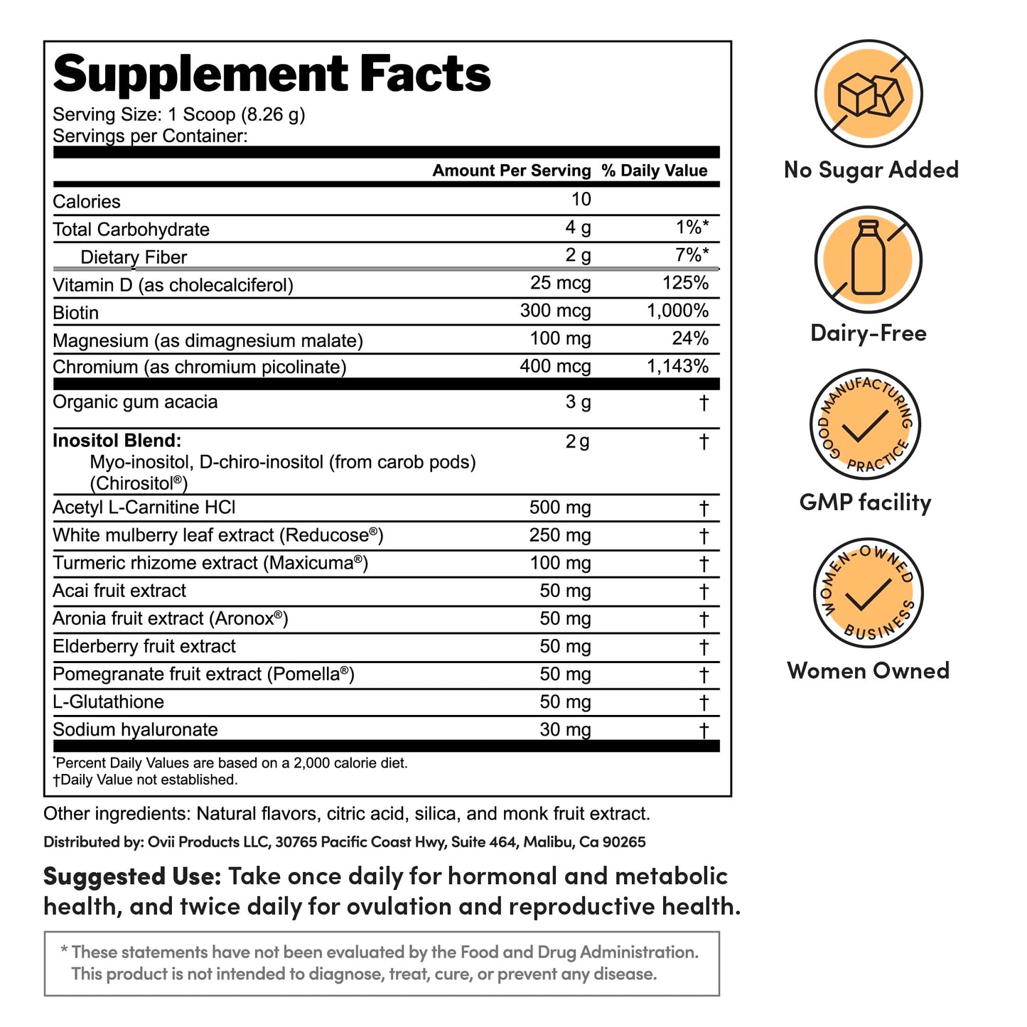 Ovii Ovarian Support for Women – Hormonal & Metabolic Balance (40:1 Myo-Inositol + Reducose) Tropical, 30 Ct