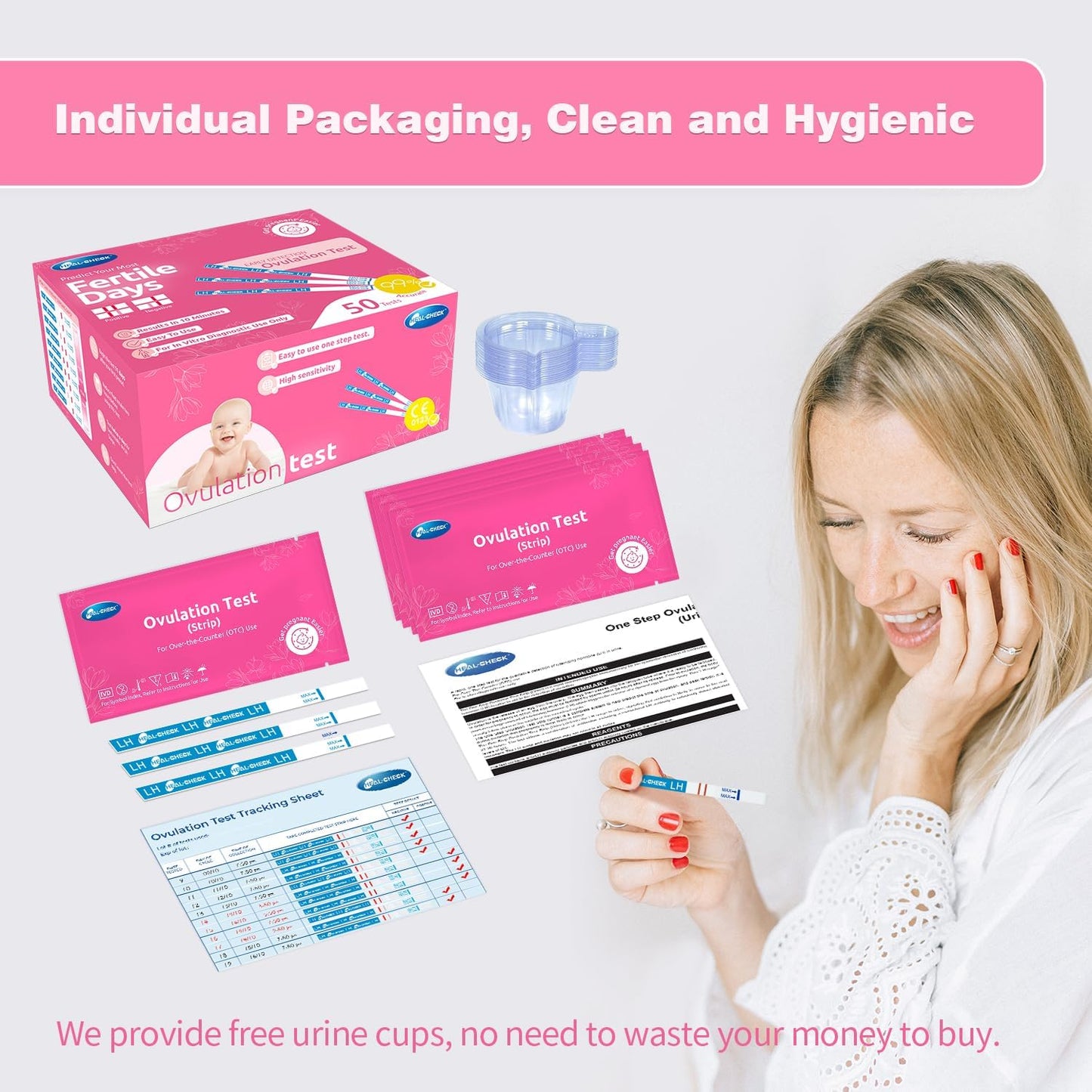 HEAL-CHECK 25 Count Ovulation Test Strips with Cups – Bulk LH Ovulation Predictor Kit for Home Fertility Testing