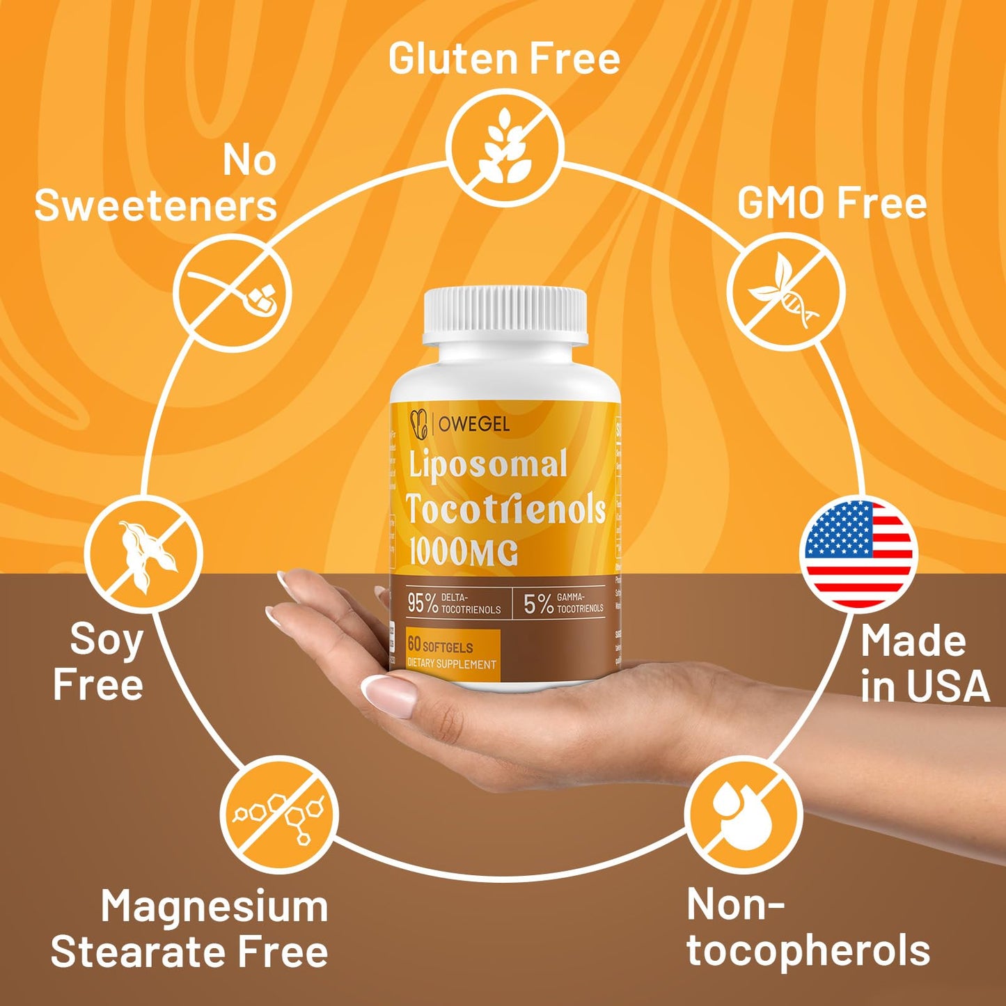 owegel Vitamin E Tocotrienols 1000mg – Liposomal Tocotrienol Capsules (95% Delta, 5% Gamma) – 120 Softgels