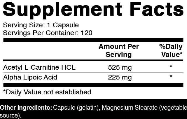 Oxify Acetyl L-Carnitine + Alpha Lipoic Acid 750 mg – 120 Capsules, Gluten-Free, Made in USA