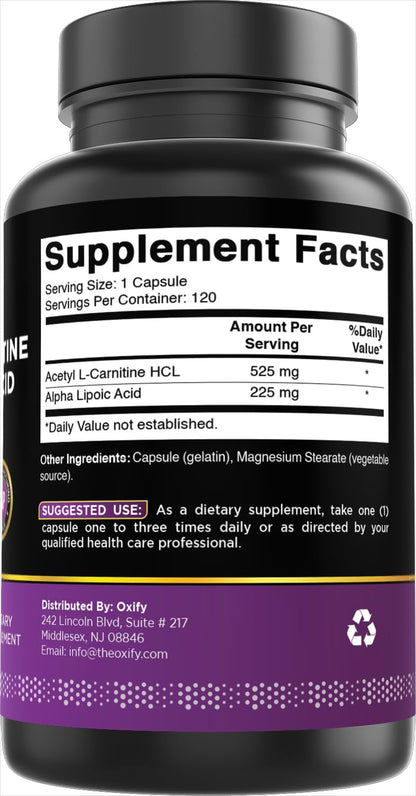 Oxify Acetyl L-Carnitine + Alpha Lipoic Acid 750 mg – 120 Capsules, Gluten-Free, Made in USA