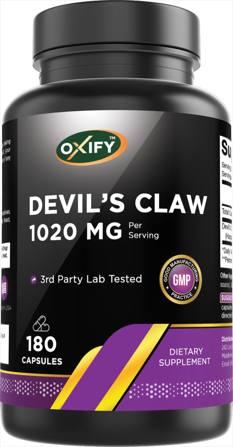 Oxify Devils Claw 1020 mg Per Serving | 180 Capsules | Gluten-Free, Non-GMO | Supplement Made in USA