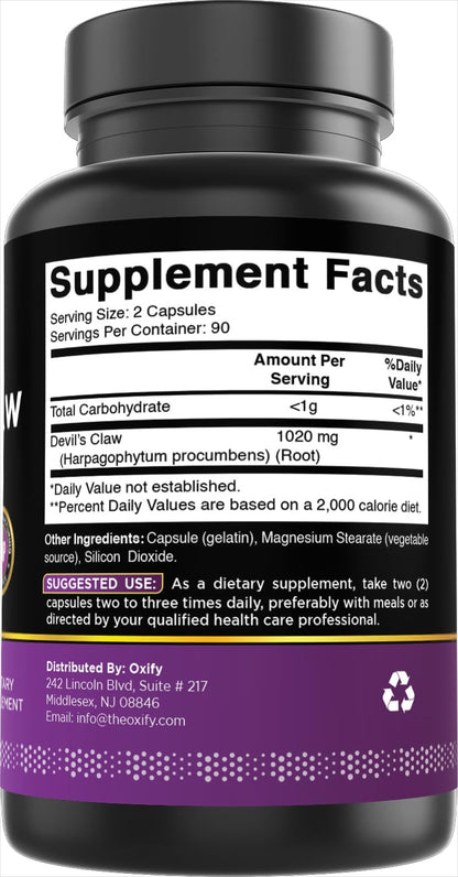 Oxify Devils Claw 1020 mg Per Serving | 180 Capsules | Gluten-Free, Non-GMO | Supplement Made in USA