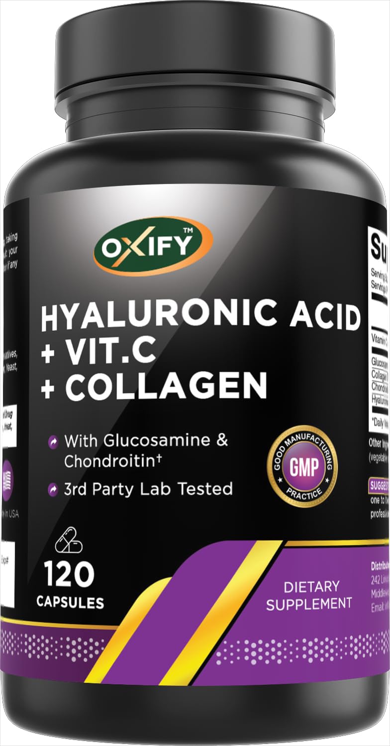 Oxify Hyaluronic Acid with Glucosamine, Chondroitin, Collagen & Vitamin C | 120 Capsules | Gluten-Free & Non-GMO | Made in USA