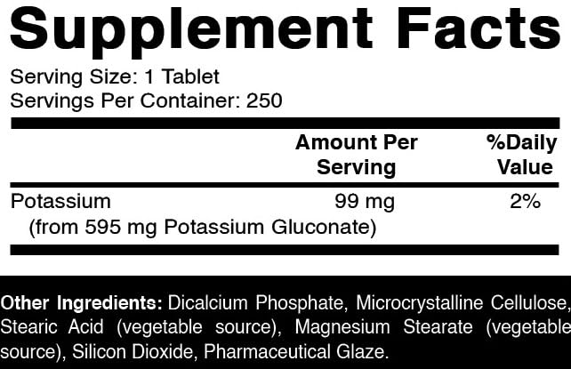 Oxify Potassium Gluconate 595 mg - 250 Tablets | Gluten-Free, Non-GMO | USA Made