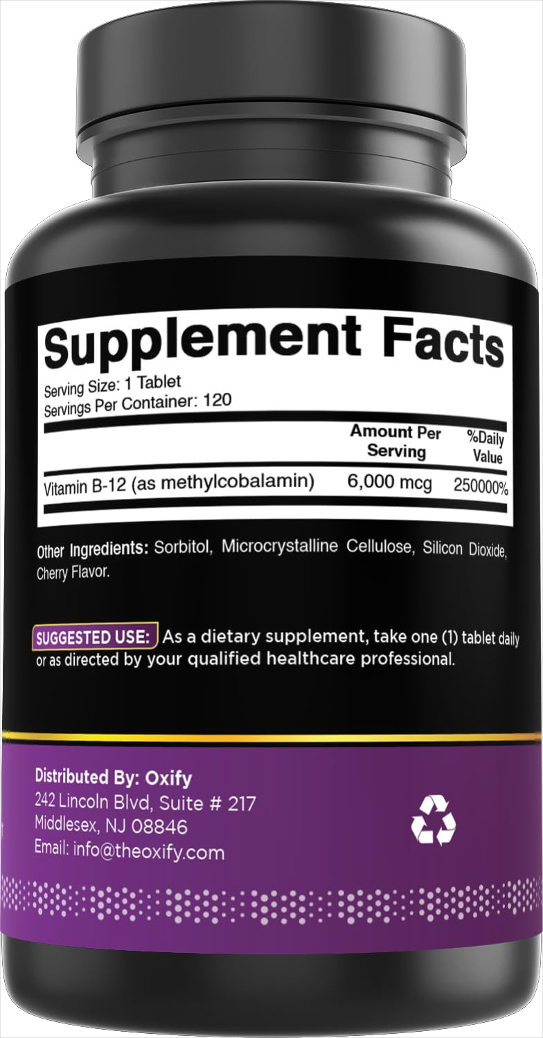 Oxify Vitamin B-12 6000 mcg (Methylcobalamin) - 120 Tablets - Gluten-Free, Non-GMO - Made in USA