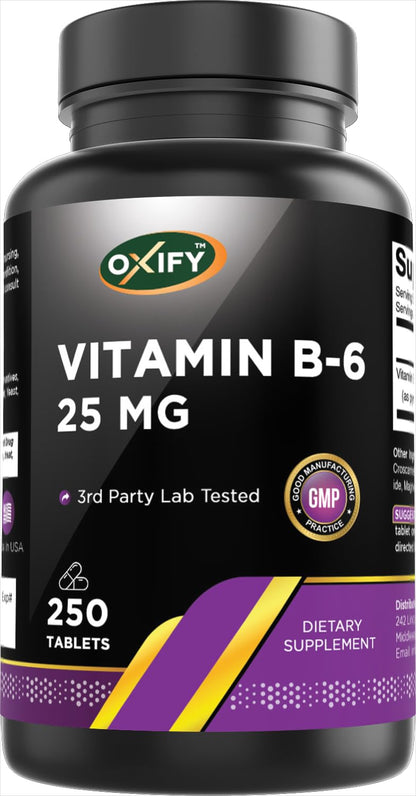 Oxify Vitamin B-6 25mg | 250 Tablets | Gluten-Free, Non-GMO | Made in USA