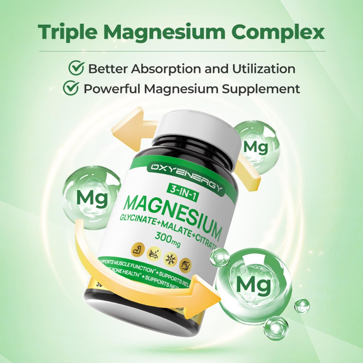 OXYENERGY 3 in 1 Magnesium Complex - 300mg Chelated Triple Magnesium (Glycinate, Malate, Citrate) - Vegan - 90 Capsules