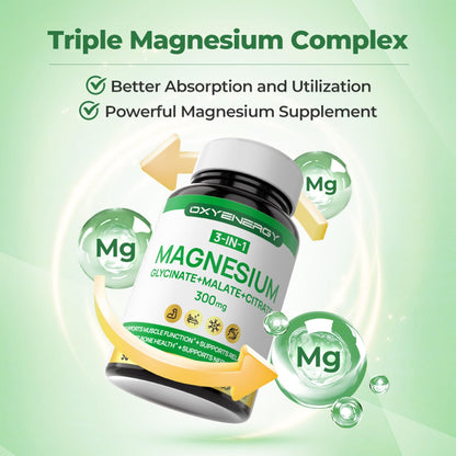 OXYENERGY 3 in 1 Magnesium Complex - 300mg Chelated Triple Magnesium (Glycinate, Malate, Citrate) - Vegan - 90 Capsules