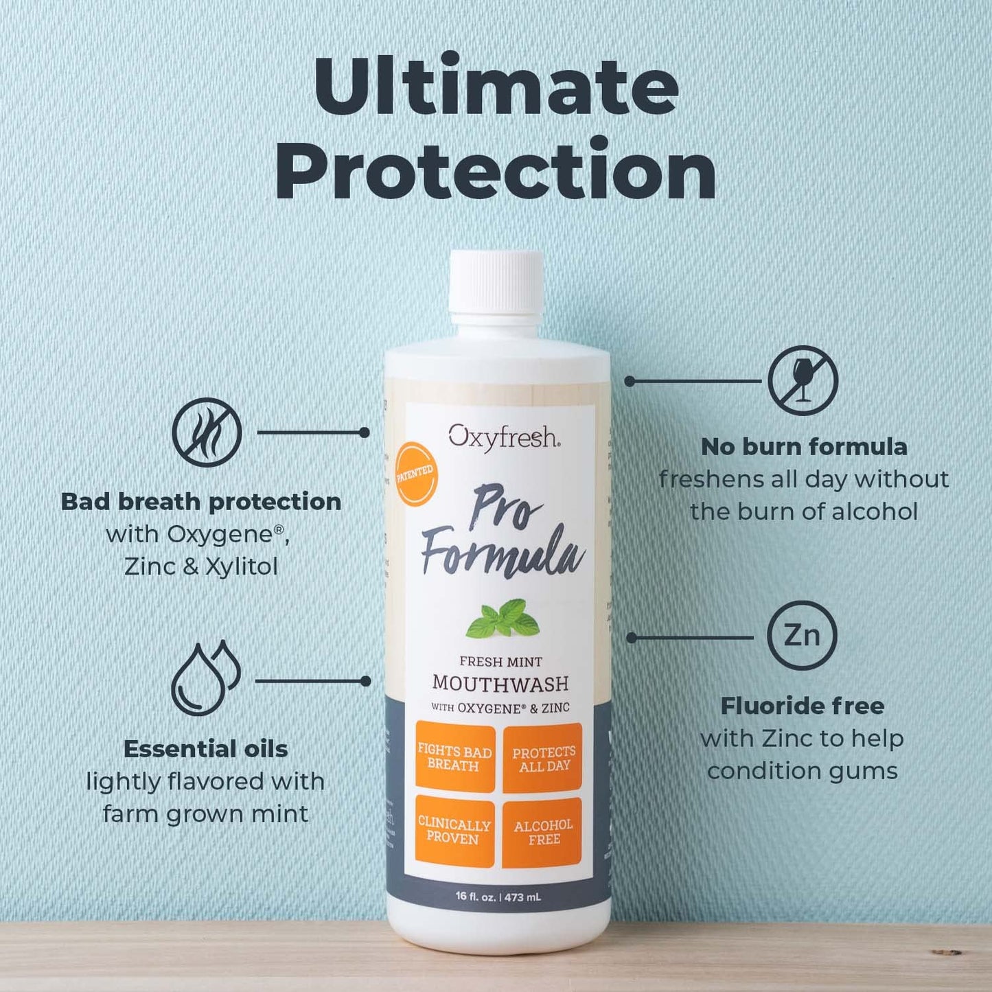 Oxyfresh Pro Formula Fresh Mint Mouthwash – Patented Zinc Mouthrinse, Dye & Alcohol Free (16 oz)