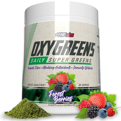 EHP Labs OxyGreens Forest Berries – Daily Greens Powder with Spirulina, Chlorella, Prebiotics & Enzymes | 30 Servings