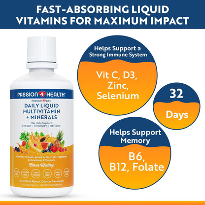 Passion 4 Life Mega Liquid Multivitamin with Turmeric – All‑In‑One Liquid Vitamin for Adults, Teens & Kids
