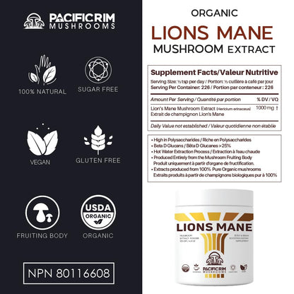 Pacific Rim Mushrooms Lions Mane Supplement Powder Ultra Strength 10:1 Organic Lions Mane Mushroom Supporting Memory, Cognition, Brain Health, 8 Ounces / 226 Servings