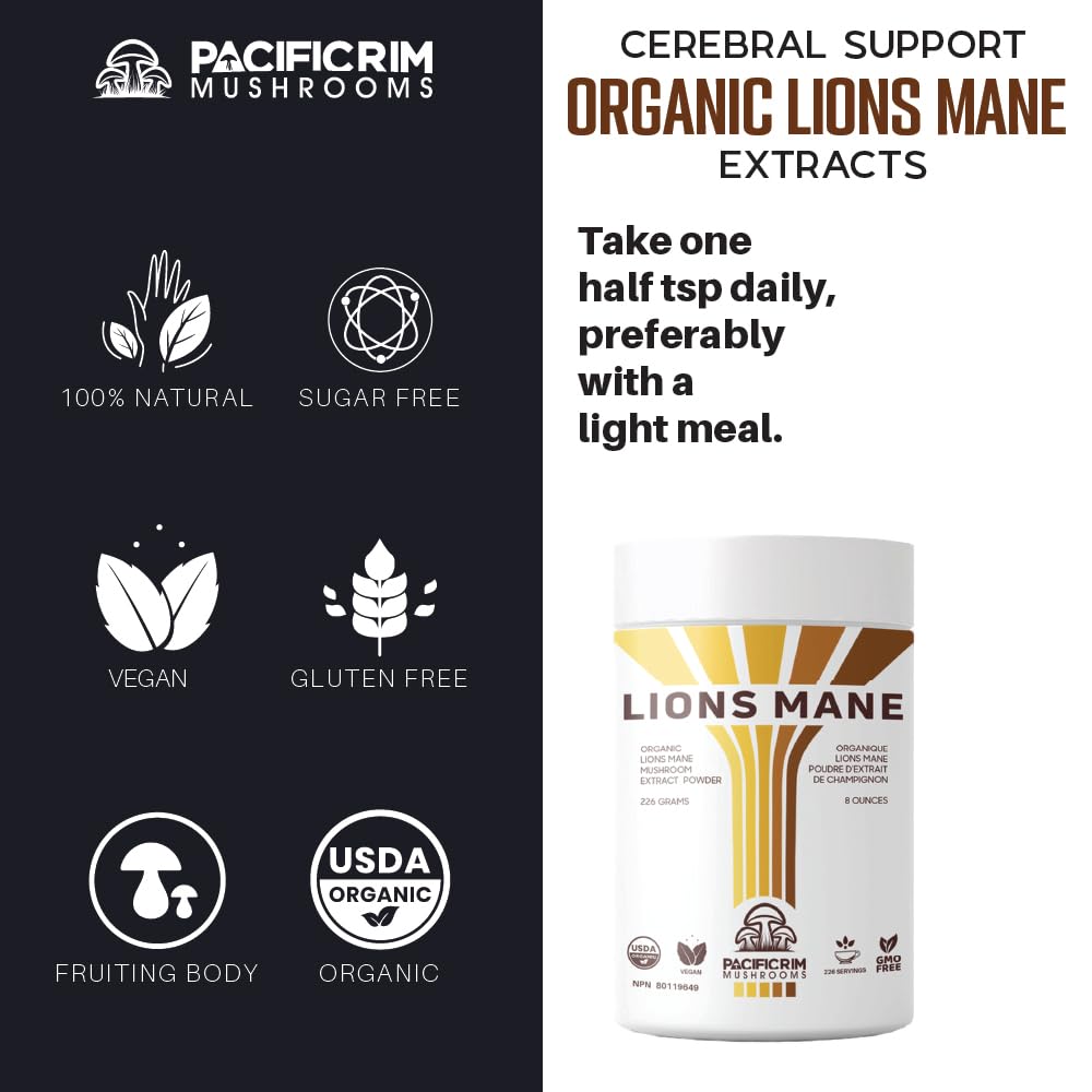 Pacific Rim Mushrooms Lions Mane Supplement Powder Ultra Strength 10:1 Organic Lions Mane Mushroom Supporting Memory, Cognition, Brain Health, 8 Ounces / 226 Servings